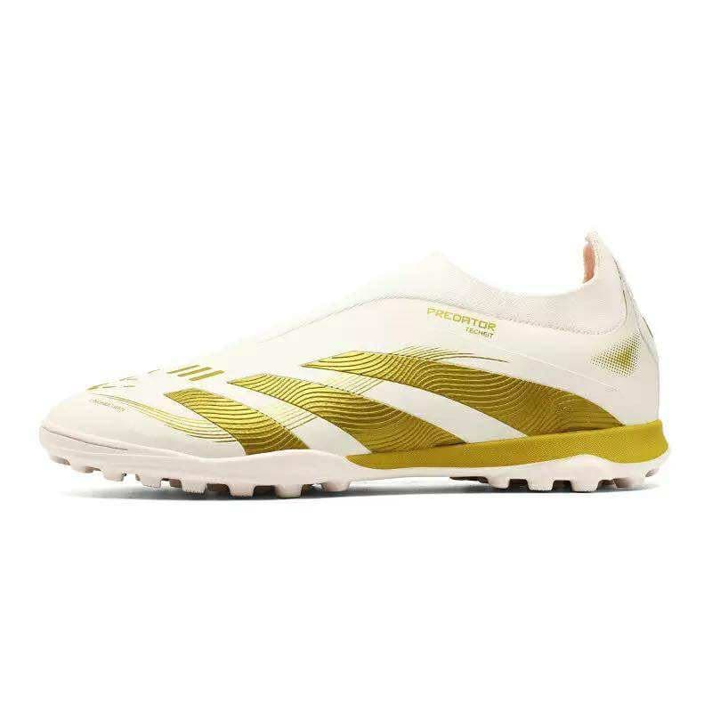 Predator Elite Laceless Turf Football Shoes – White & Gold Edition