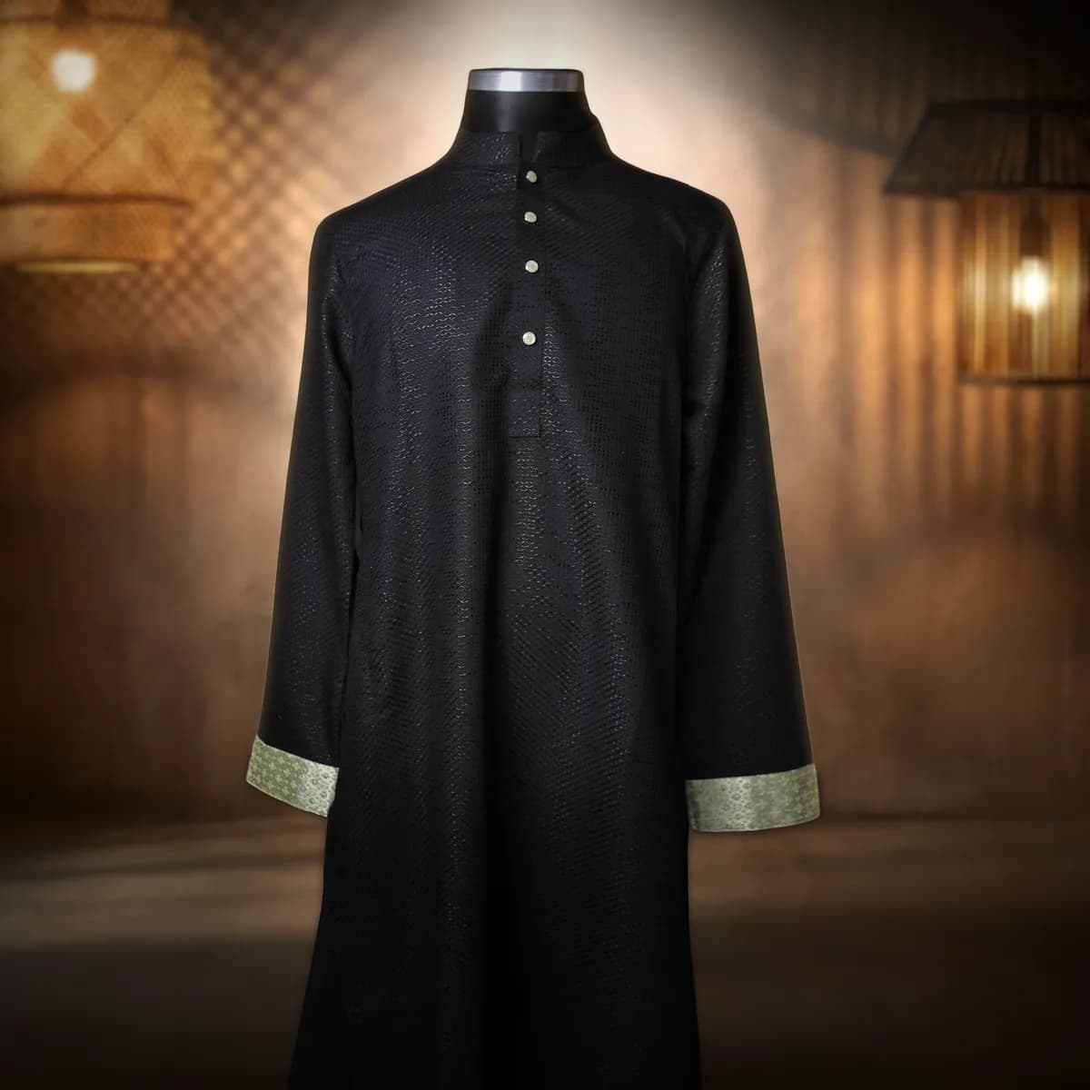 Black Ember – Black Textured Panjabi with Emerald Contrast
