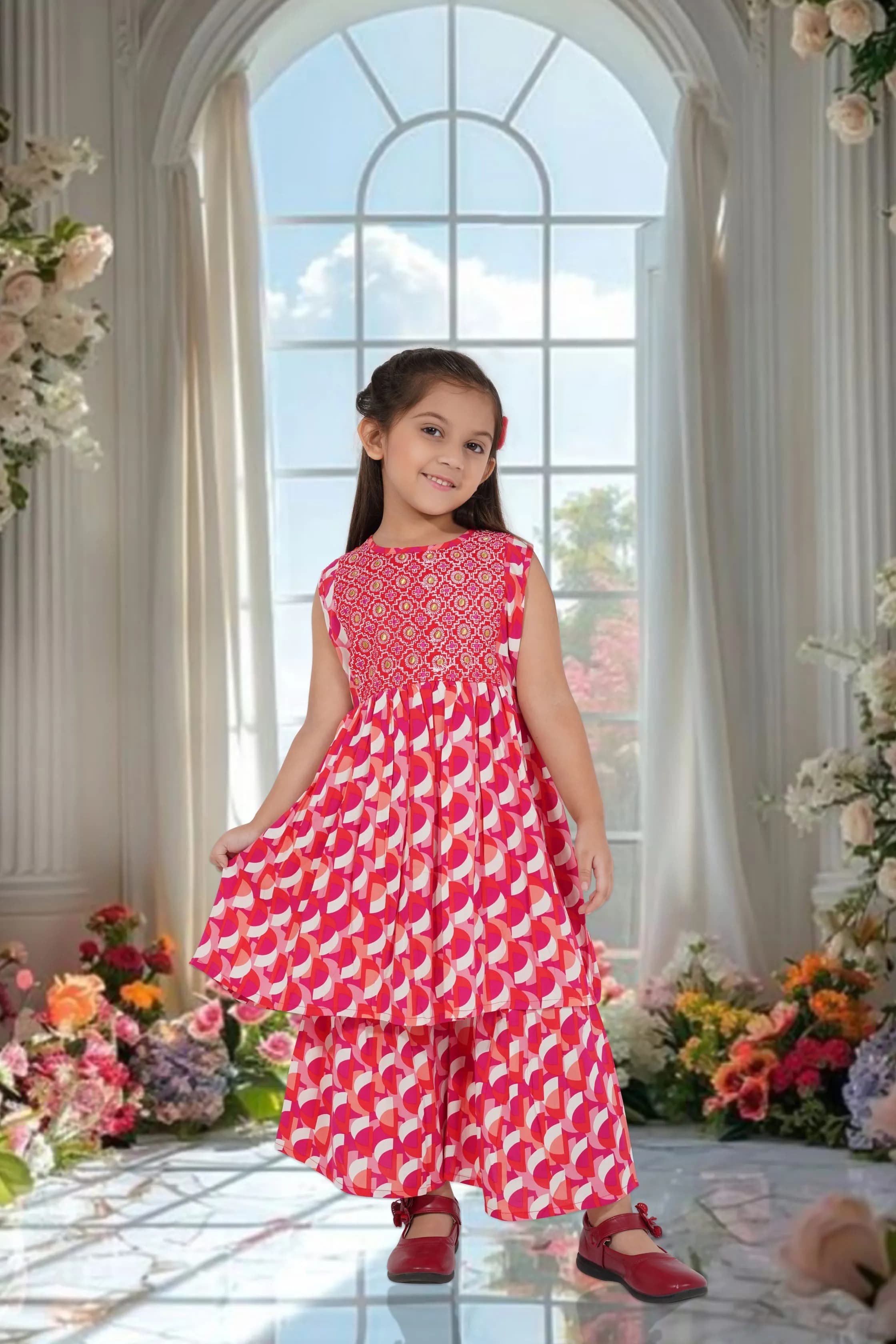 RED & PINK SLEEVELESS PRINTED KURTI SET FOR GIRLS